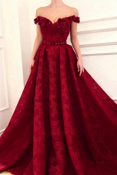 Elegant Long A-line Off the Shoulder Satin Lace Formal Prom Dress_1