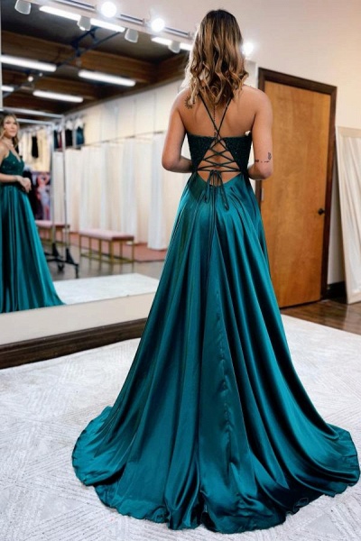 Royal Blue Long A-line V-neck Fornt Slit Backless Prom Dresses with Pockets_4