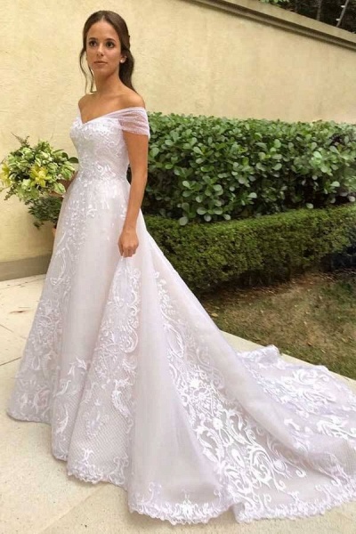 Elegant Long A-line Off the Shoulder Floral Lace Appliques Wedding Dress_3