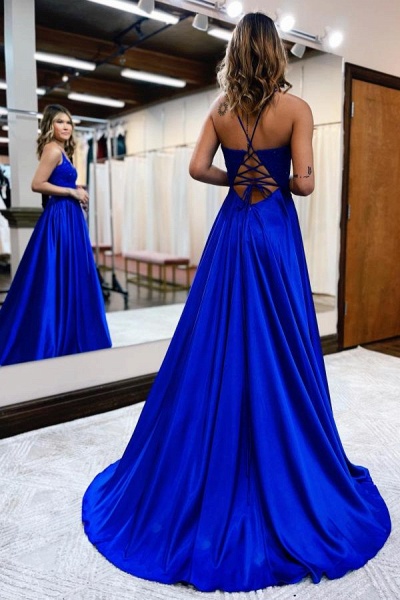 Royal Blue Long A-line V-neck Fornt Slit Backless Prom Dresses with Pockets_2