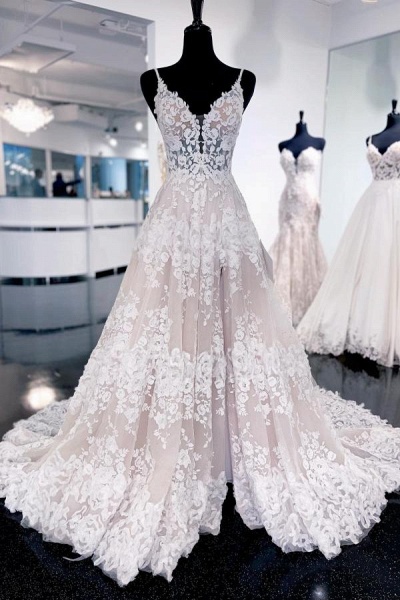 Elegant Long A-line V-neck Lace Backless Wedding Dresses_1