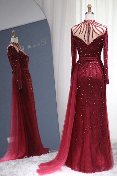 Burgundy Long Mermaid Tulle Lace Beads Formal Evening Dresses with Sleeves_3