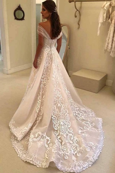 Elegant Long A-line Off the Shoulder Floral Lace Appliques Wedding Dress_2