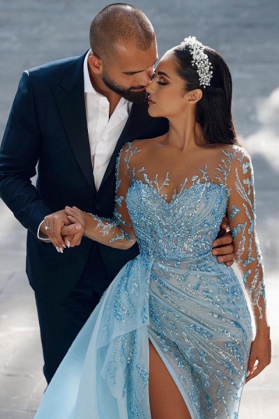 Modest Long Mermaid Sweetheart Sparkle Front Slit Prom Dress with Sleeves_3