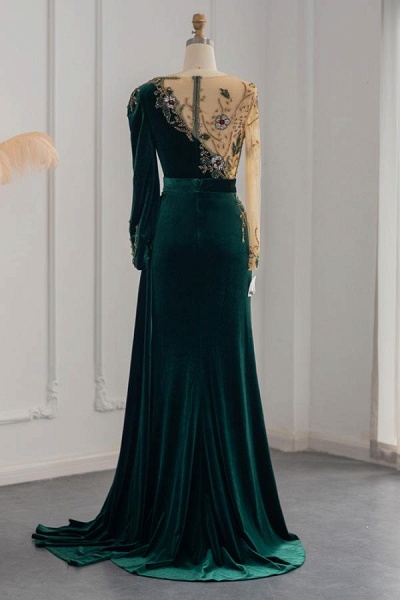 Dark Green Long Mermaid Velvet Tulle Prom Dresses with Sleeves_3