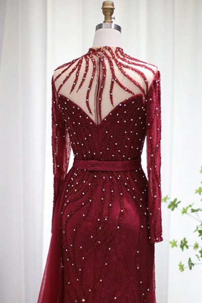 Burgundy Long Mermaid Tulle Lace Beads Formal Evening Dresses with Sleeves_4