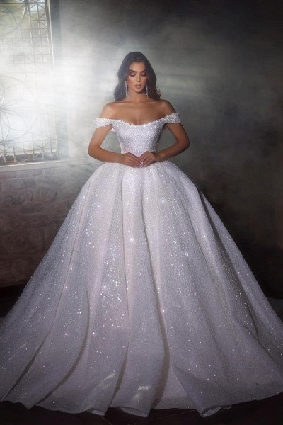 Gorgeous Long Ball Gown Glitter Off the Shoulder Sequined Wedding Dresses_1