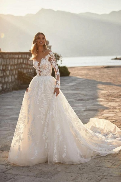 Elegant Long A-line V-neck Tulle Floral Lace Backless Wedding Dresses with Sleeves_1