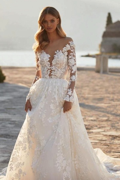 Elegant Long A-line V-neck Tulle Floral Lace Backless Wedding Dresses with Sleeves_3