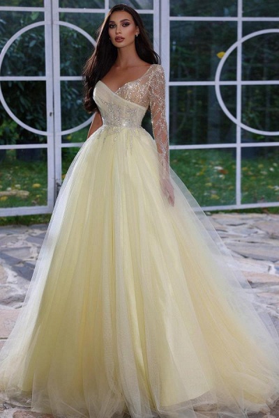 Charming Long A-line One Shoulder Glitter Beads Tulle Prom Dresses with Sleeves