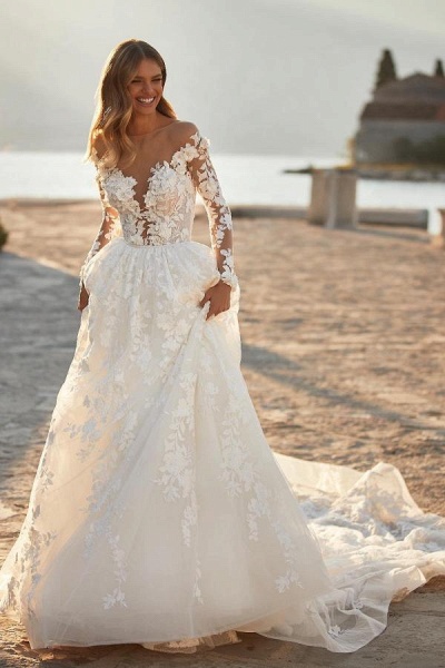 Elegant Long A-line V-neck Tulle Floral Lace Backless Wedding Dresses with Sleeves_4