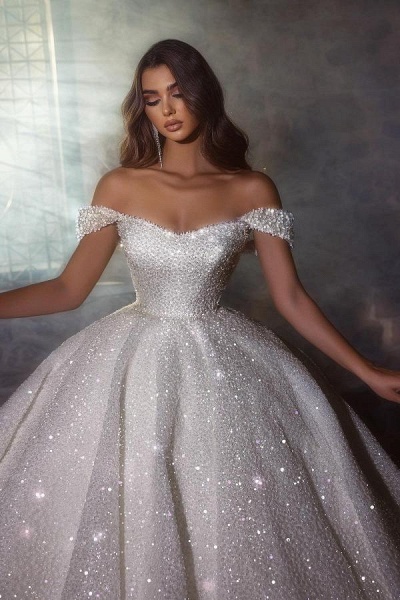Gorgeous Long Ball Gown Glitter Off the Shoulder Sequined Wedding Dresses_2
