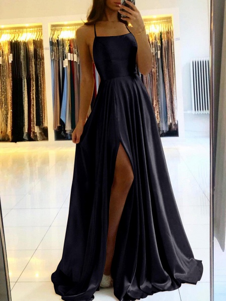 A-line Spaghetti Straps Satin Open Back Prom Dress with Side Slit_4