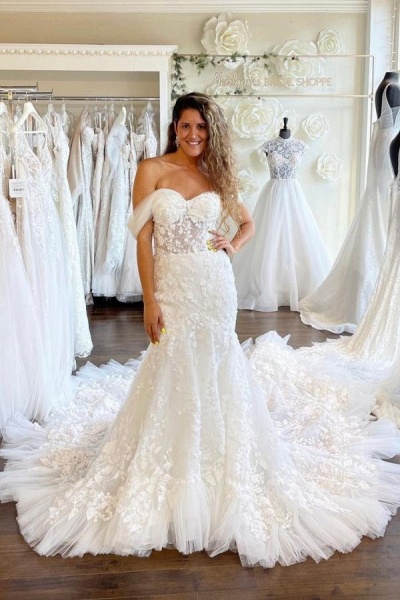 Long Mermaid Off-the-Shoulder Sweetheart Tulle Lace Wedding Dress_1