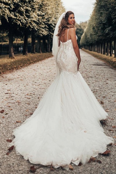 Long Mermaid Sweetheart Tulle Lace Backless Wedding Dress with Chapel Train_2