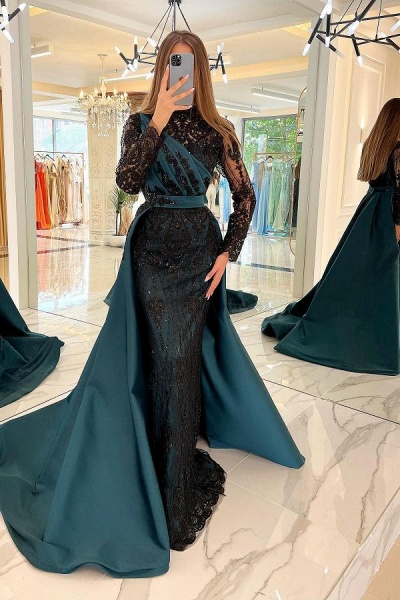 Long Sleeves Mermaid Satin Prom Dress Black Sequins Evening Dresses with Sweep Train
