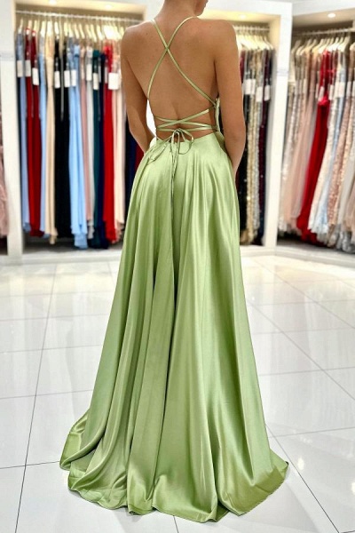 Chic Long A-line Spaghetti Straps Satin Backless Formal Prom Dress with Slit_4