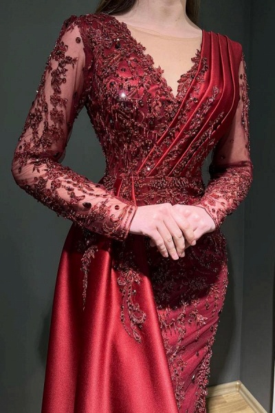 Burgundy Long Mermaid V-neck Satin Lace Formal Prom Dress with Sleeves_2