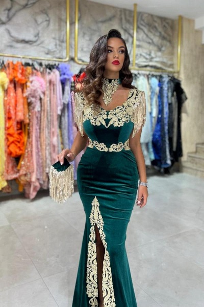 Sexy Long Mermaid Halter Front Slit Velvet Prom Dress with Gold Appliques with Tassels_3