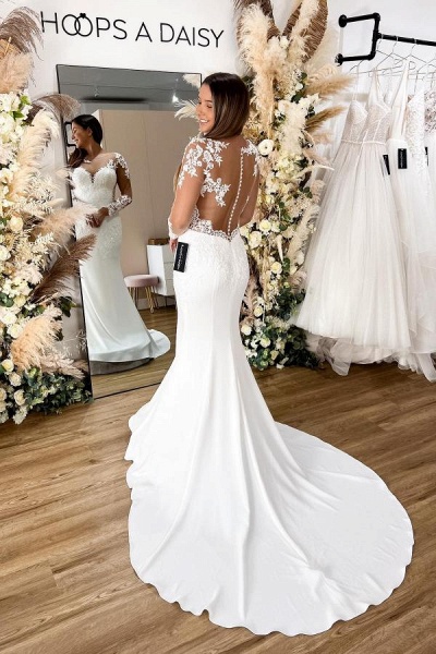 Long Mermaid Sweetheart Tulle Backless Wedding Dress White Floral Lace Bridal Dresses_2