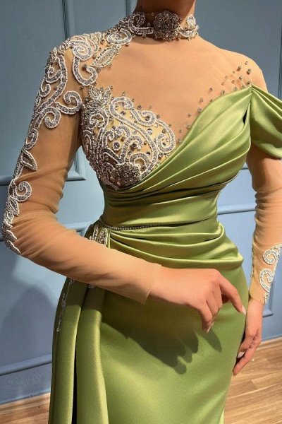 Elegant Long Mermaid High Neck Satin Lace Prom Dresses with Sleeves_2