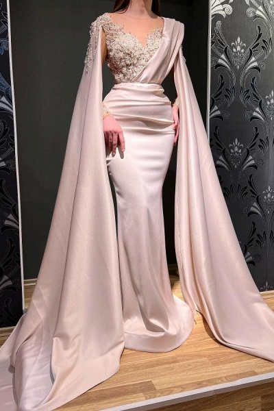 Long Sleeves Mermaid Ruched Satin Rhinestone Beads Prom Dress with Cape_4