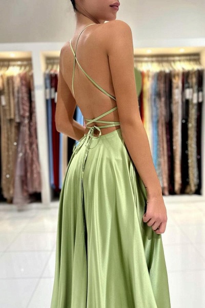 Chic Long A-line Spaghetti Straps Satin Backless Formal Prom Dress with Slit_5