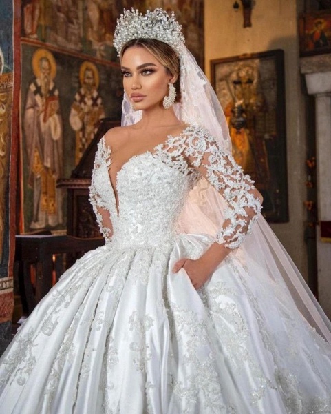 Gorgeous Long Sleeves Ball Gown V-neck 3D Floral Lace Wedding Dress with Pockets_4