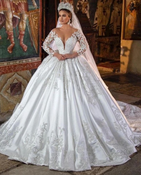 Gorgeous Long Sleeves Ball Gown V-neck 3D Floral Lace Wedding Dress with Pockets_2