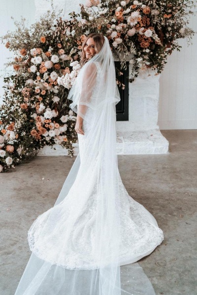 Elegant Long Mermaid V-Neck Sleeveless Floral Lace Backless Wedding Dress_3