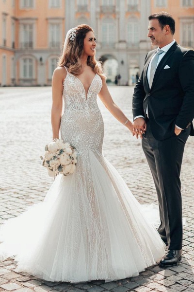 Long Mermaid Sweetheart Tulle Lace Backless Wedding Dress with Chapel Train_5