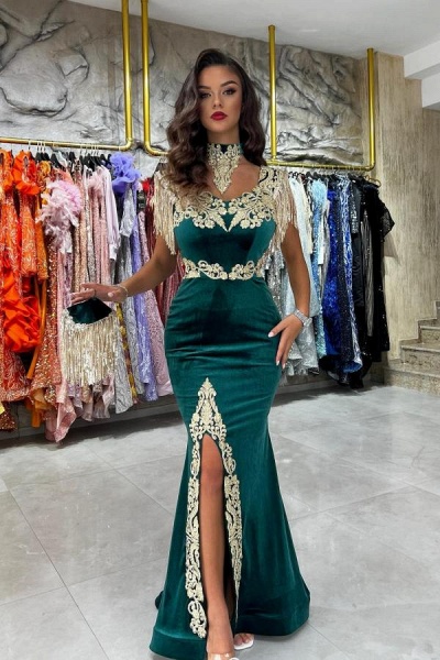 Sexy Long Mermaid Halter Front Slit Velvet Prom Dress with Gold Appliques with Tassels_1
