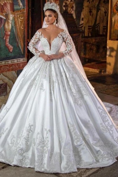 Gorgeous Long Sleeves Ball Gown V-neck 3D Floral Lace Wedding Dress with Pockets_1
