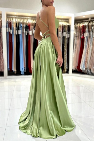 Chic Long A-line Spaghetti Straps Satin Backless Formal Prom Dress with Slit_3