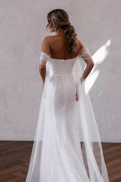 Sparkly Long Mermaid Off the Shoulder Sequins Ruched Wedding Dress with Slit_3