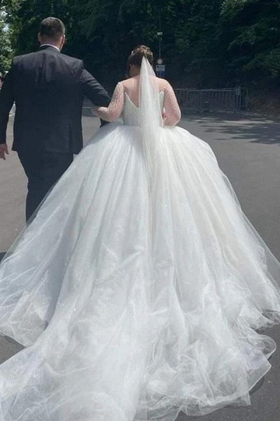 White Long Ball Gown Sweetheart Tulle Lace Wedding Dresses with Sleeves_2