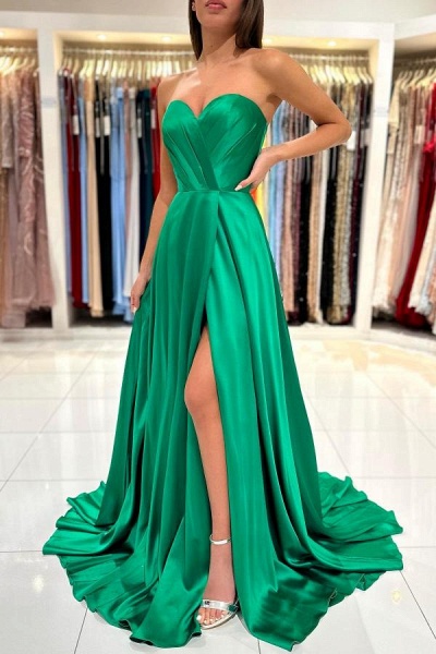 Green Long A-line Sweetheart Satin Prom Dress with Slit_6