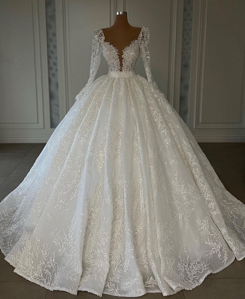 Luxury Long Ball Gown Sweetheart Lace Wedding Dress with Sleeves_3