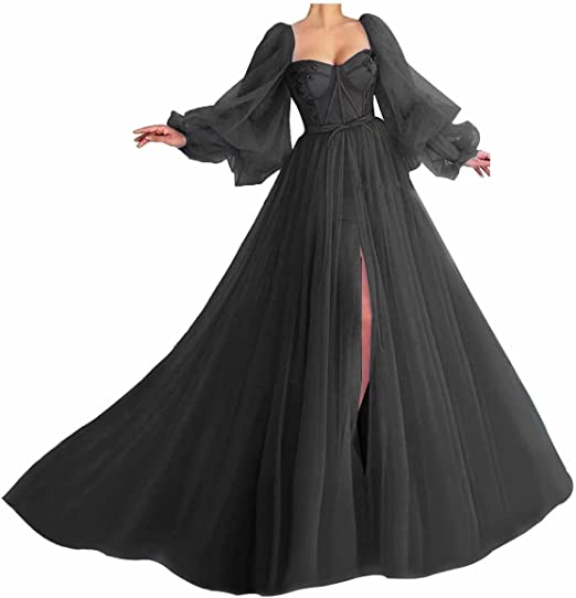 Awesome Long Sleeves A-line Sweetheart Tulle Prom Dress with Slit_16