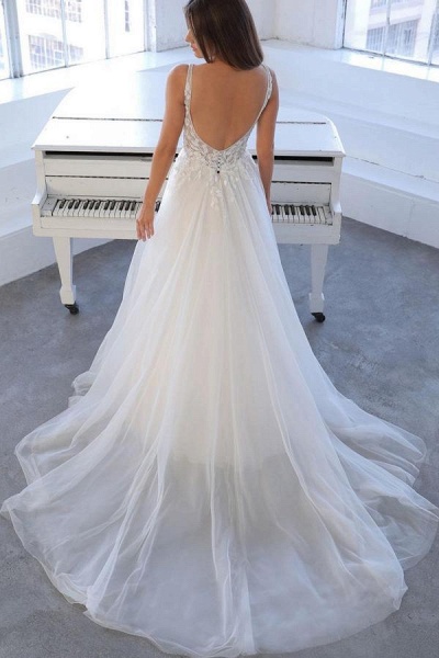 Beach White Long A-line V-neck Tulle Lace Backless Wedding Dress_2