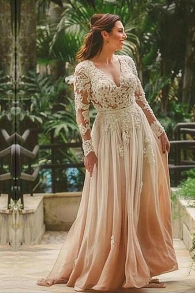 Fashion Long A-line V-neck Chiffon Lace Backless Wedding Dresses with Sleeves_1
