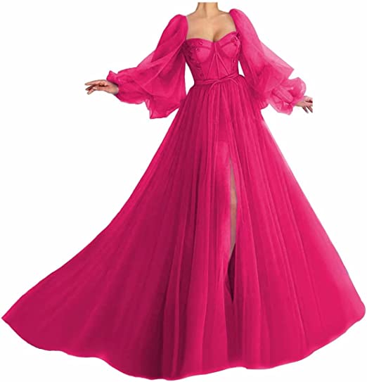 Awesome Long Sleeves A-line Sweetheart Tulle Prom Dress with Slit_7