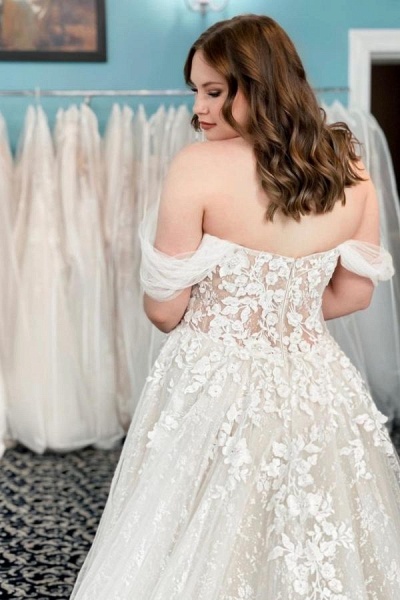 Elegant Long A-line Off the Shoulder Tulle Lace Wedding Dress with Slit_2