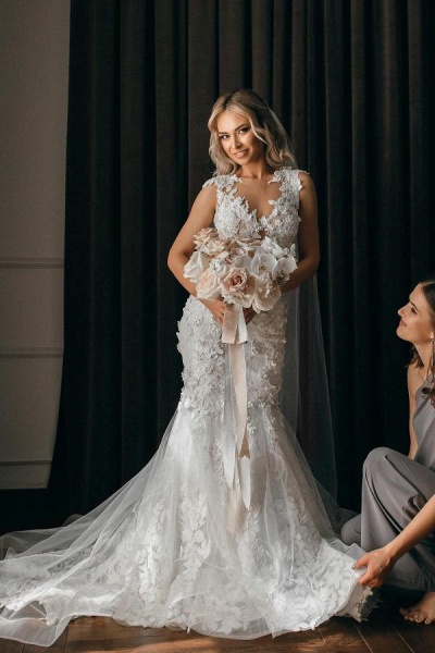 Elegant Long Mermaid Jewel Tulle Lace Wedding Dress_4