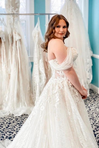 Elegant Long A-line Off the Shoulder Tulle Lace Wedding Dress with Slit_4