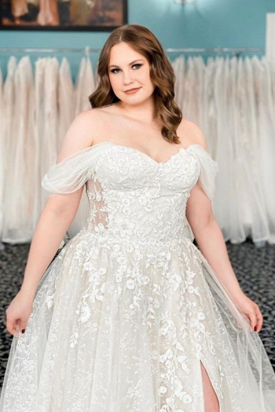 Elegant Long A-line Off the Shoulder Tulle Lace Wedding Dress with Slit_3