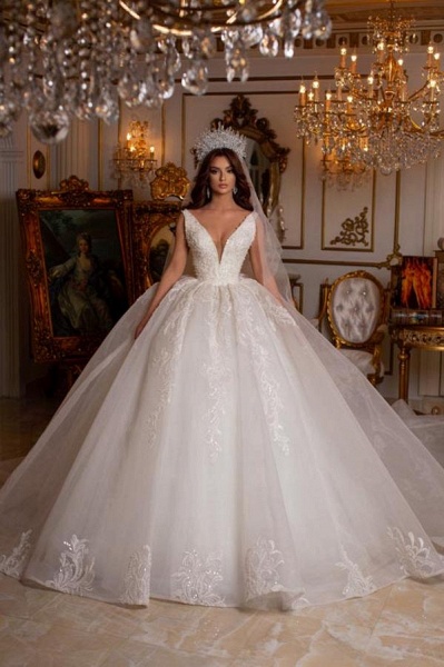 Luxury White Long Ball Gown V-neck Backless Tulle Lace Wedding Dress_1