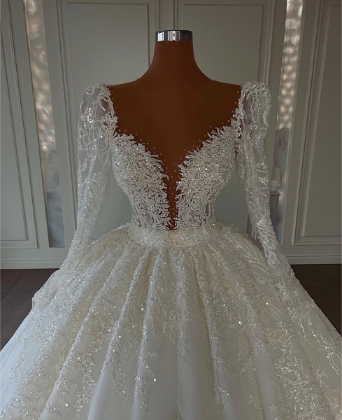 Luxury Long Ball Gown Sweetheart Lace Wedding Dress with Sleeves_4