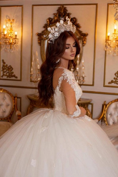 Long Ball Gown Sweetheart Tulle Lace Open Back Wedding Dresses with Sleeves_4