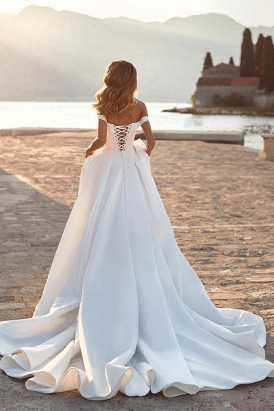 Long A-line off the Shoulder Ruched Satin Wedding Dress with Crystals_2